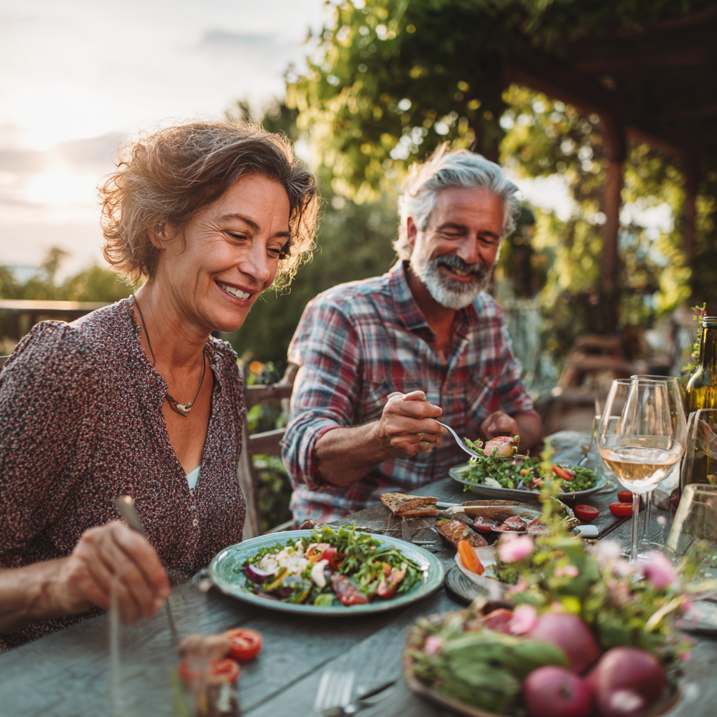 Middle-aged adults enjoying healthy colorful meals together outdoors